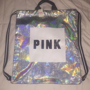 VS Pink metallic silver drawstring backpack